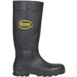 Product Description: The PIP Boss Footwear 16" Black PVC Plain Toe Boot 380-800 is a durable black boot with a rugged sole, prominently displaying the "Boss Footwear" logo in yellow on the side. This waterproof footwear ensures sturdiness and slip resistance, making it perfect for outdoor activities and ideal for use as construction boots. Crafted by PIP - Protective Industrial Products.