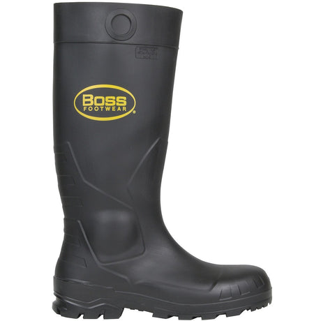 Product Description: The PIP Boss Footwear 16" Black PVC Plain Toe Boot 380-800 is a durable black boot with a rugged sole, prominently displaying the "Boss Footwear" logo in yellow on the side. This waterproof footwear ensures sturdiness and slip resistance, making it perfect for outdoor activities and ideal for use as construction boots. Crafted by PIP - Protective Industrial Products.