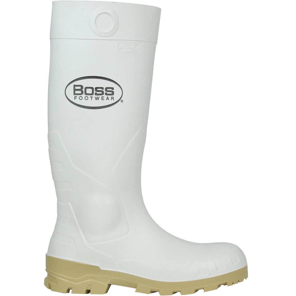 The PIP Boss Footwear 16" White PVC Plain Toe Boot 380-900 by Protective Industrial Products features a white PVC construction with a beige textured sole that ensures slip resistance and enhanced grip. It offers waterproof protection and includes a reinforced toe area, while proudly displaying the "Boss Footwear" logo on the side.