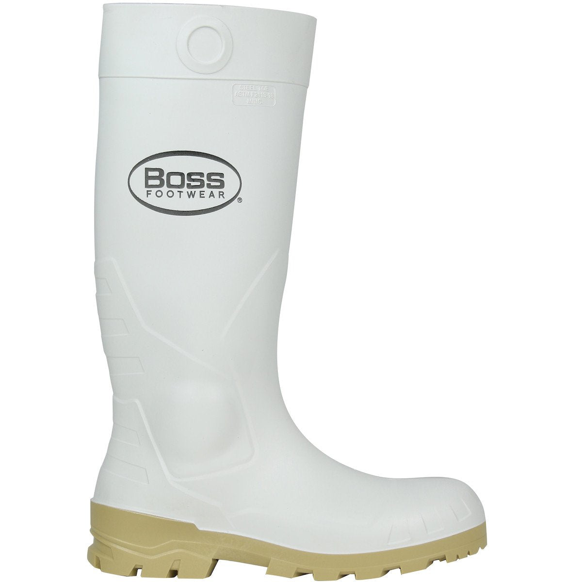 A single 16" PVC Steel Toe Boot in white, with a beige sole and the protective "PIP Boss Footwear" logo on the side. This PIP - Protective Industrial Products boot provides slip resistance, has a textured tread for grip, and offers excellent waterproof protection.