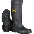 A pair of PIP Boss Footwear PVC Full Steel Toe & Midsole Boots 383-820, featuring tall black construction with rugged soles and abrasion resistance. The brand's logo appears in yellow on the side. One boot is upright, while the other is lying on its side, highlighting the tread pattern designed for enhanced waterproof protection.