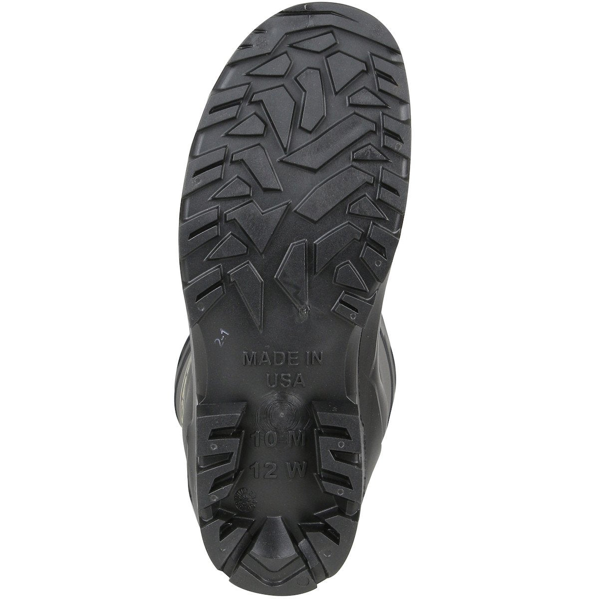 The image displays the sole of the PIP Boss Footwear PVC Full Steel Toe & Midsole Boot 383-820, featuring a rugged, patterned tread that emphasizes its full steel toe for enhanced safety. The sole has size and specifications embossed on it and highlights abrasion resistance for increased durability.