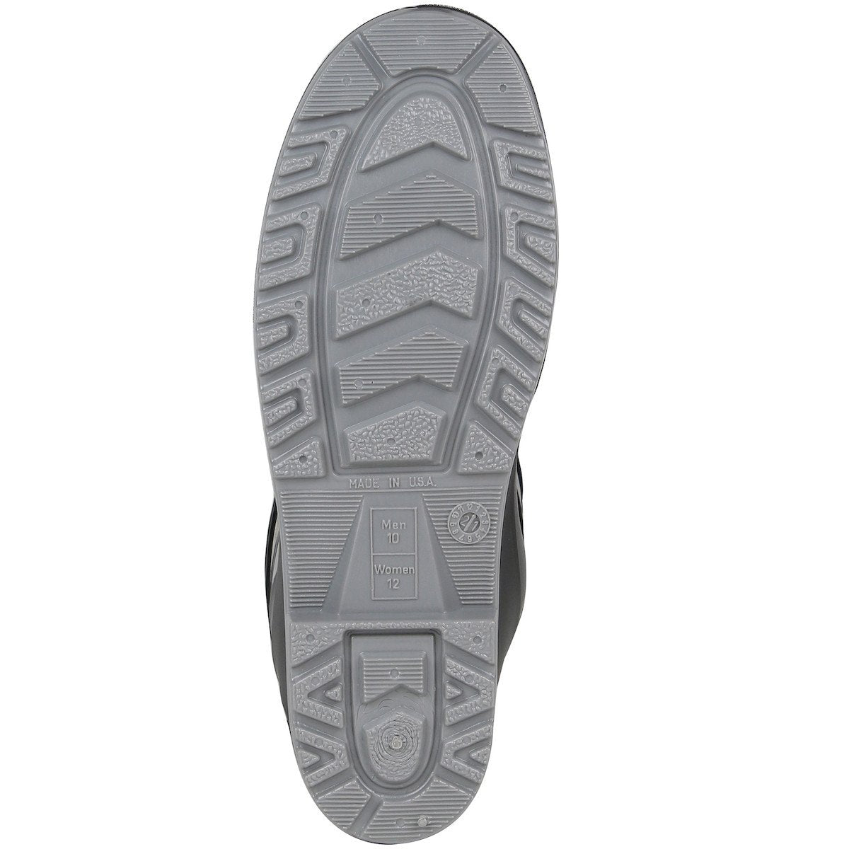 The image displays the gray sole of the PIP Boss Footwear 16" Polyblend Steel Toe & Shank Boot 383-890 by PIP - Protective Industrial Products, showcasing various tread patterns designed for slip resistance. It includes text indicating size 10 for men and size 12 for women, with a marking that it is made in the USA.