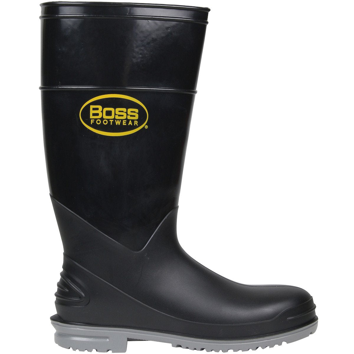 Introducing the PIP Boss Footwear 16" Polyblend Steel Toe & Shank Boot 383-890 by Protective Industrial Products. This durable black rubber work boot features a distinctive yellow and black logo and comes equipped with a gray, treaded sole designed for slip resistance, making it ideal for outdoor activities.