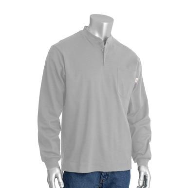 A mannequin showcases an FR clothing set, consisting of a PIP Light Gray FR Long Sleeve Henley 385-FRHNLG shirt with a buttoned collar and a pocket on the left side, paired with blue jeans. This ensemble offers ARC flash protection in compliance with NFPA 70E standards.