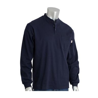 The PIP Navy FR Long Sleeve Henley 385-FRHNNV, showcased on a mannequin, comes with a small chest pocket and buttoned neckline, providing arc flash protection that complies with NFPA 70E standards.