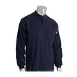 Displayed on the mannequin is a PIP Navy FR Long Sleeve Henley (Product Code: 385-FRHNNV) from Protective Industrial Products. This dark navy shirt offers arc flash protection and features a single chest pocket, round collar, and buttoned placket. It meets NFPA 70E standards, all set against a pristine white background.