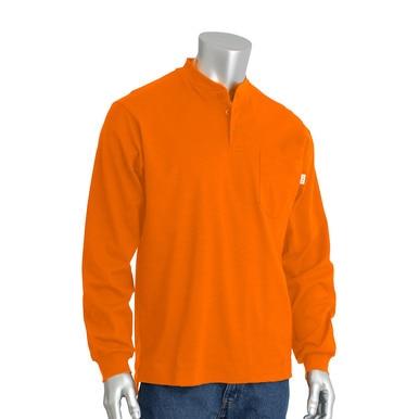 A mannequin displays the PIP Orange FR Long Sleeve Henley 385-FRHNOR from Protective Industrial Products paired with blue jeans. This shirt, built with ARC flash protection, includes a single chest pocket and a buttoned collar, adhering to NFPA 70E safety standards.