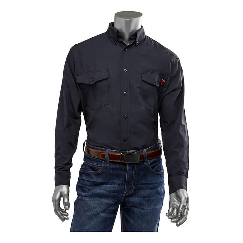 A mannequin showcases the PIP AR/FR Dual Certified Ripstop Long Sleeve Workshirt 385-FRRS in dark gray, featuring two chest pockets and buttoned cuffs, complemented by blue jeans. A leather belt is also visible as part of the ensemble.