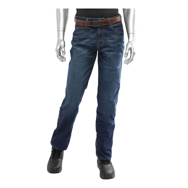 A mannequin displays the PIP AR/FR Dual Certified Stretch Jeans 385-FRSJ by Protective Industrial Products, featuring an ARC Rating of 13.1 cal/cm², complemented by a brown belt and black shoes, in compliance with NFPA 70E and NFPA 2112-2023 standards.