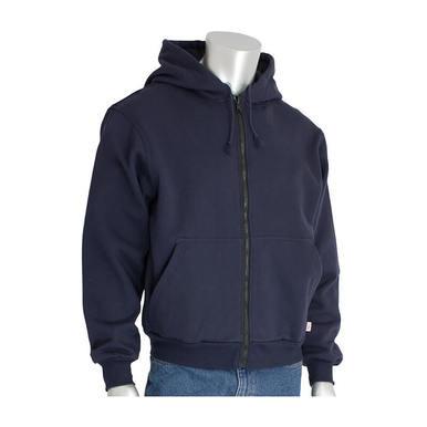 A mannequin displays the PIP FR/AR Fleece Zip Front Hoodie 385-FRZH, a dark blue hoodie with a hood and drawstrings from Protective Industrial Products, perfect for safety-conscious individuals. This protective hoodie, featuring front pockets, pairs stylishly with blue jeans, seamlessly merging function with fashion.