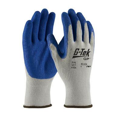 The PIP G-TEK GP Seamless Crinkle Grip Gloves 39-1310 feature blue latex-coated palms and fingers with gray fabric on the back and cuffs. They ensure enhanced durability with a robust abrasion, cut, tear, and puncture rating. "G-Tek GP" along with the model details are printed on the back for easy identification.