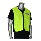 A silver mannequin showcases a neon yellow PIP EZ-Cool Evaporative Cooling Vest 390-EZ100 over a black T-shirt. This vest, by Protective Industrial Products, is designed with a quilted pattern and features a small logo on the left chest, making it ideal for preventing heat stress.