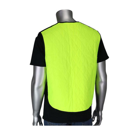 A mannequin showcases a PIP EZ-Cool Evaporative Cooling Vest 390-EZ100 over a black shirt. The vibrant yellow vest by PIP - Protective Industrial Products, designed to combat heat stress, features a quilted pattern that pops against the simple white background.