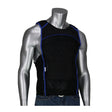 A mannequin displays the PIP EZ-Cool Evaporative Tank Top 390-EZ150 by Protective Industrial Products, styled with blue trim over blue jeans. This black tank top features a quilted design aimed at safety and incorporates HyperKewl fabric for evaporative cooling, ensuring protection against heat stress in demanding environments.