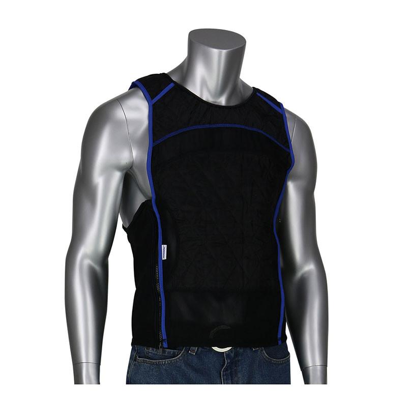 A mannequin displays the PIP EZ-Cool Evaporative Tank Top 390-EZ150 by Protective Industrial Products, styled with blue trim over blue jeans. This black tank top features a quilted design aimed at safety and incorporates HyperKewl fabric for evaporative cooling, ensuring protection against heat stress in demanding environments.