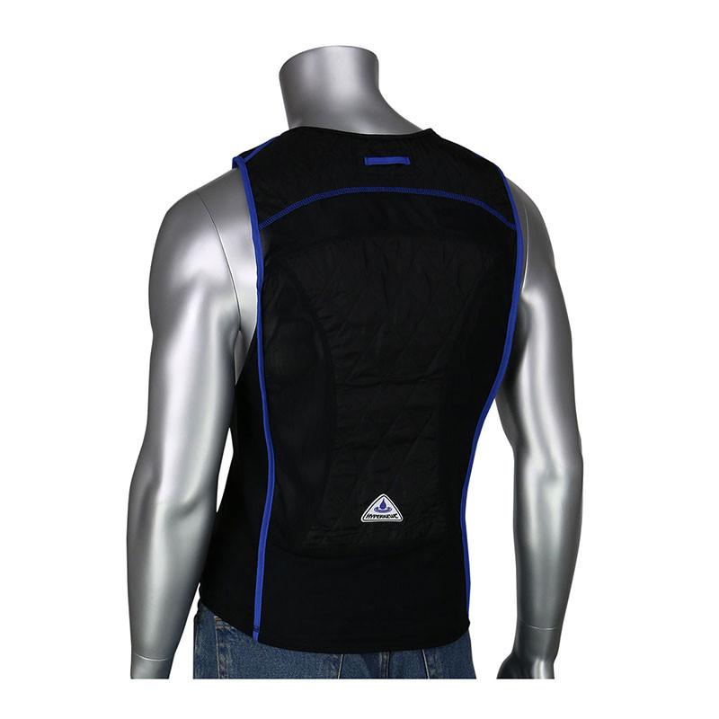 A mannequin displays the PIP EZ-Cool Evaporative Tank Top 390-EZ150, a sleek black sleeveless vest with blue trim and a triangular logo on the back, made by PIP - Protective Industrial Products. This form-fitting tank top utilizes advanced HyperKewl fabric to effectively protect against heat stress while keeping you cool and comfortable.