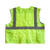 The PIP EZ-Cool FLASH Hi-Vis Yellow Evaporative Cooling Vest 390-EZ202, featuring reflective gray stripes, enhances both visibility and comfort. This innovative vest from Protective Industrial Products is designed with evaporative cooling technology for an improved wearer experience, shown from the back against a plain white background.