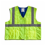 The PIP EZ-Cool FLASH Hi-Vis Yellow Evaporative Cooling Vest 390-EZ202 by Protective Industrial Products is a bright yellow ANSI Class 2 safety vest featuring reflective gray stripes in a cross pattern on the front. This sleeveless vest has two pockets, is designed for high visibility, and offers evaporative cooling for enhanced comfort in various environments.