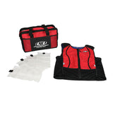 The PIP EZ-Cool Max Combo Phase Change & Evap. Cooling Vest 390-EZHYPC, in a striking red and black design, rests elegantly on a flat surface alongside its matching carrying bag and multiple ice packs. The vest and bag both prominently display the PIP - Protective Industrial Products logo, offering a stylish solution to combat heat stress.