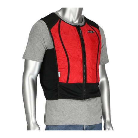 A mannequin showcases the PIP EZ-Cool Max Combo Phase Change & Evap. Cooling Vest 390-EZHYPC in a striking red and black quilted design over a gray T-shirt and jeans, engineered to combat heat stress. Featuring a zipper down the front and side panels, this cooling vest from PIP - Protective Industrial Products effortlessly blends style with functionality.