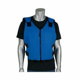 A mannequin is modeling the PIP EZ-Cool Phase Change Active Fit Cooling Vest 390-EZSPC from PIP - Protective Industrial Products, in blue, layered over a black T-shirt. The vest's adjustable side straps and zippered front seamlessly combine practicality and comfort.