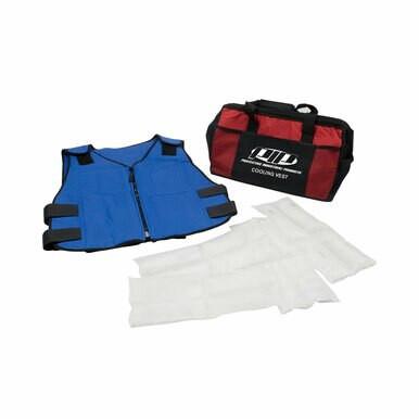 A PIP EZ-Cool Phase Change Active Fit Cooling Vest 390-EZSPC, featuring adjustable black straps and a blue design, is displayed alongside several white phase change material packs and a red and black carrying bag. The bag features the PIP - Protective Industrial Products logo and "Cooling Vest" label.