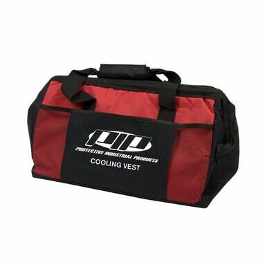 The red and black duffel bag, accented with black handles and a zippered top, stylishly displays the text "PIP EZ-Cool Phase Change Active Fit Cooling Vest 390-EZSPC" on its side. It's ideal for transporting your cooling vest featuring advanced phase change materials from PIP - Protective Industrial Products.