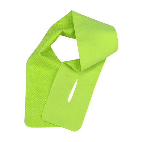 The PIP EZ-Cool Evaporative Cooling Neck Wrap 393-650, provided by PIP - Protective Industrial Products, is a green neck gaiter designed with PVA material. It features a textured surface and a slit at one end for efficient evaporative cooling.