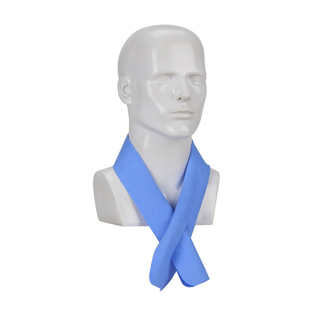 The PIP EZ-Cool Evaporative Cooling Neck Wrap 393-650, by Protective Industrial Products, is elegantly draped around a white mannequin's neck. Made from PVA material, this light blue scarf crosses at the front, showcasing an elegant display while providing the benefits of evaporative cooling against the mannequin's smooth surface.