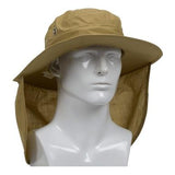 A mannequin head is showcasing the PIP EZ-COOL Evaporative Cooling Ranger Hat 396-425 by Protective Industrial Products, featuring a wide-brimmed beige design and a neck shade for sun protection. The hat is equipped with ventilation eyelets on the sides.