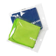 Two PIP EZ-Cool Max Cooling Towels, one green and one blue, are neatly folded and packaged in clear plastic bags featuring a circular hole at the top for easy hanging. The towels are reusable, machine washable, and each prominently displays "EZ-COOL" printed in white on the surface.