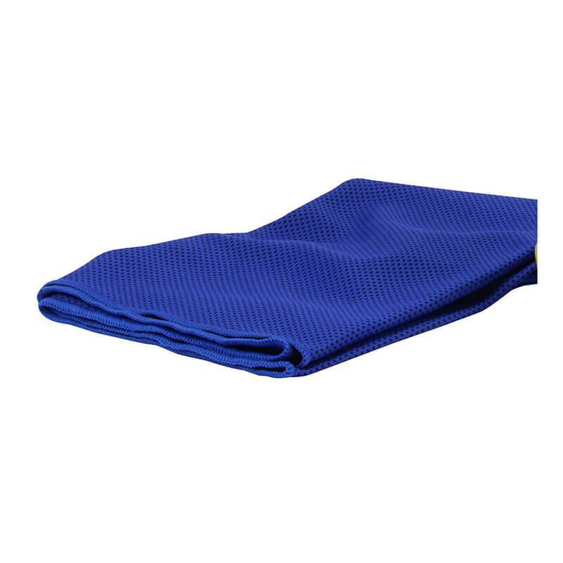 The PIP EZ-Cool Max Cooling Towel from Protective Industrial Products, available in a 10-pack bulk bag, is made from folded blue mesh fabric that provides UV protection and evaporative cooling.