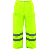 The PIP Boss Class E Insulated Hi Vis Waterproof Pant 3NR4000 by Protective Industrial Products features a vibrant yellow color with reflective grey stripes around the lower legs. These pants have an elastic waistband and adjustable leg openings, meeting ANSI Class 2 standards to ensure safety in low-light conditions.