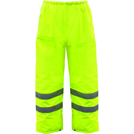 The PIP Boss Class E Insulated Hi Vis Waterproof Pant 3NR4000 by Protective Industrial Products features a vibrant yellow color with reflective grey stripes around the lower legs. These pants have an elastic waistband and adjustable leg openings, meeting ANSI Class 2 standards to ensure safety in low-light conditions.