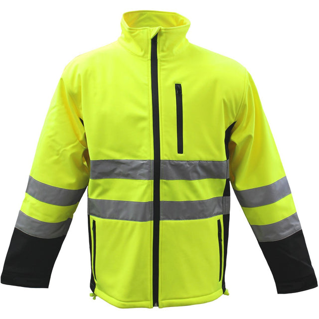 The PIP Boss Waterproof Softshell Jacket (3SS7000) by Protective Industrial Products is a bright yellow jacket with black accents and reflective silver stripes on the front and sleeves, ensuring high visibility and meeting ANSI Type P Class 2 safety standards.