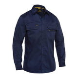 The PIP Bisley Ripstop Work Shirt w/X-Airflow 400M6490 by Protective Industrial Products, in navy blue, offers UPF 50+ protection and features two chest pockets along with a straight collar highlighted by visible stitching. The long-sleeve button-up shirt includes X-Airflow Ventilation and is shown against a plain white background.