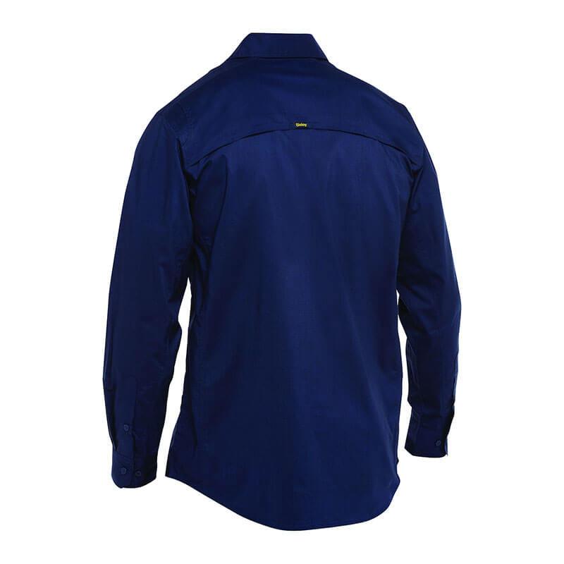 The PIP Bisley Ripstop Work Shirt w/X-Airflow 400M6490 by Protective Industrial Products is shown from the back, highlighting its navy blue color, long sleeves with buttoned cuffs, and collar. It also features a small yellow tag at the upper back and incorporates X-Airflow Ventilation for added comfort.