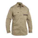 The PIP Bisley Ripstop Work Shirt w/X-Airflow 400M6490 by Protective Industrial Products offers UPF 50+ protection and is designed with a button-down front, two flap chest pockets, and an additional zippered pocket on the left chest. The shirt comes in beige, featuring a standard collar and X-Airflow Ventilation for optimal comfort, elegantly presented against a white background.