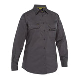 A PIP Bisley Women's Ripstop Work Shirt with X-Airflow 400W6490 featuring long sleeves, a collar, two chest pockets, and a dark gray color, made from durable ripstop material.