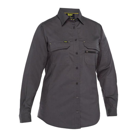 The PIP Bisley Women's Ripstop Work Shirt w/X-Airflow 400W6490 from PIP - Protective Industrial Products is a dark gray, long-sleeve button-up shirt that combines style and durability. It features two chest pockets and is crafted from resilient ripstop fabric, with the shirt label visible inside the collar for added detail. Ideal for any task, this shirt seamlessly merges style with functionality.