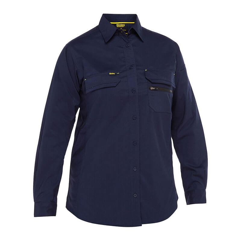 The PIP Bisley Women's Ripstop Work Shirt w/X-Airflow 400W6490, from PIP - Protective Industrial Products, is made from durable ripstop fabric in navy blue. It features long sleeves, button closures, and two chest pockets—one with a handy zipper. The X-Airflow Ventilation system provides breathable comfort all day long.