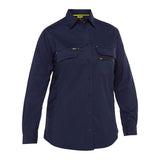 The PIP Bisley Women's Ripstop Work Shirt w/X-Airflow 400W6490 from Protective Industrial Products is a long-sleeved, navy blue button-up shirt designed for women. It features two chest pockets and is crafted from durable ripstop fabric. A small logo adorns the left chest pocket, enhancing its simple and classic design.