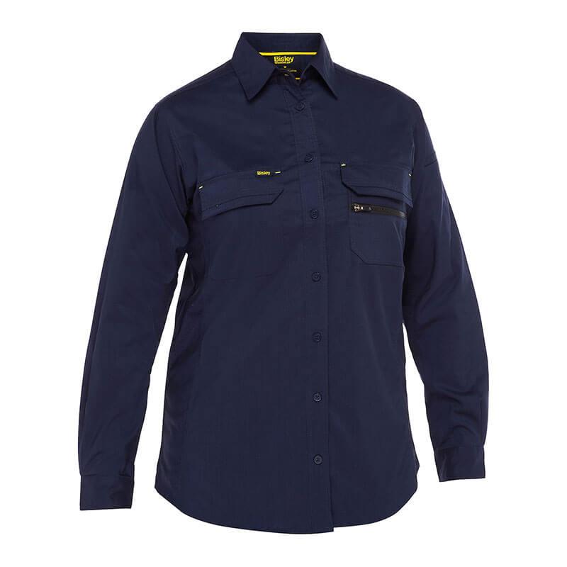 Introducing the PIP Bisley Women's Ripstop Work Shirt 400W6490 by Protective Industrial Products. This long-sleeve work shirt, available in dark blue, is made from durable ripstop fabric and designed with practicality in mind. It includes dual chest pockets, one of which has a zipper for secure storage, and features X-Airflow Ventilation for enhanced comfort. The collared neckline adds an elegant touch to its functional design against a plain white background.