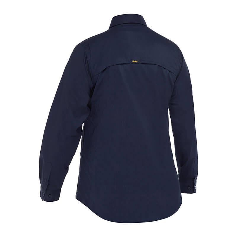 A back view of the PIP Bisley Women's Ripstop Work Shirt w/X-Airflow 400W6490 in navy blue showcases its buttoned cuff design, top-center tag, and advanced X-Airflow Ventilation for superior comfort.