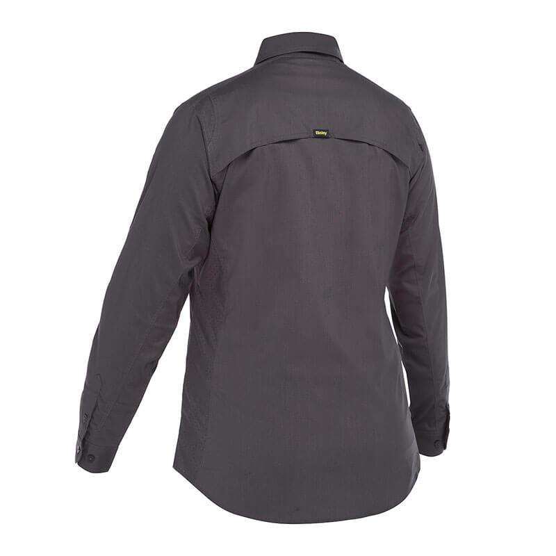 Rear view of the PIP Bisley Women's Ripstop Work Shirt w/X-Airflow 400W6490, a long-sleeve outdoor shirt in dark gray. This shirt by PIP - Protective Industrial Products includes a button-down design and a small logo tag beneath the collar. Crafted from ripstop fabric, it is lightweight and breathable with X-Airflow Ventilation for added comfort.