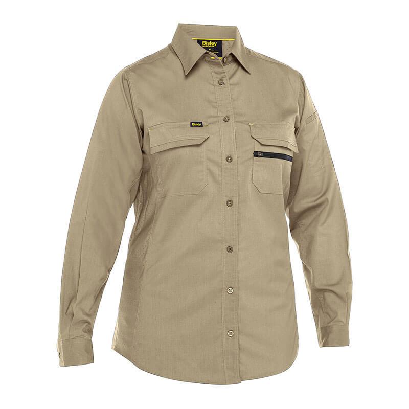 The PIP Bisley Women's Ripstop Work Shirt w/ X-Airflow 400W6490, by Protective Industrial Products, is a khaki long-sleeve collared shirt with a button-front closure, designed for women. It includes two chest pockets—one with a zipper—and is made from durable ripstop fabric, making it ideal for workwear with its classic fit.