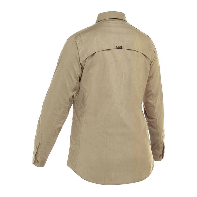 The PIP Bisley Women's Ripstop Work Shirt w/X-Airflow 400W6490 from Protective Industrial Products is displayed in khaki with a rear view, featuring a small black tag near the collar. Made from ripstop fabric, this shirt includes a yoke and buttoned cuffs and is set against a plain white background.