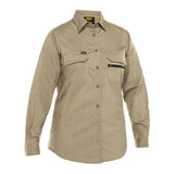 Introducing the PIP Bisley Women's Ripstop Work Shirt w/X-Airflow 400W6490 by Protective Industrial Products, this beige long-sleeve shirt is expertly crafted from ripstop fabric and features a practical collar. It comes equipped with two chest pockets, including one with a zipper, and the innovative X-Airflow Ventilation system ensures durability and comfort in outdoor or work environments.