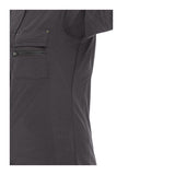 Close-up of the PIP Bisley Women's Ripstop Work Shirt w/X-Airflow 400W6490, a black shirt showcasing detailed stitching and a zippered pocket. Made by PIP - Protective Industrial Products from ripstop fabric, this garment is designed for breathability with small perforations along one side, highlighting its functionality and comfort through X-Airflow Ventilation for added ease.